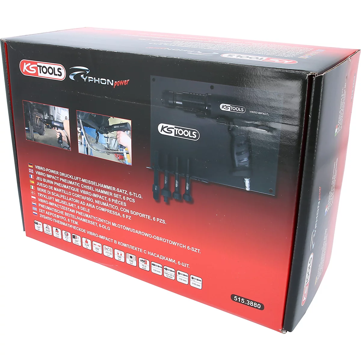 Auf dem schwarzen Karton ist ein Werkzeugset abgebildet. Im Zentrum ist ein schwarzes Werkzeug mit Zubehör zu sehen. Der Karton trägt den Schriftzug 'KS TOOLS'.